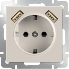 Розетка с заземлением, шторками и USBх2 (слоновая кость) WL03-SKGS-USBx2-IP20